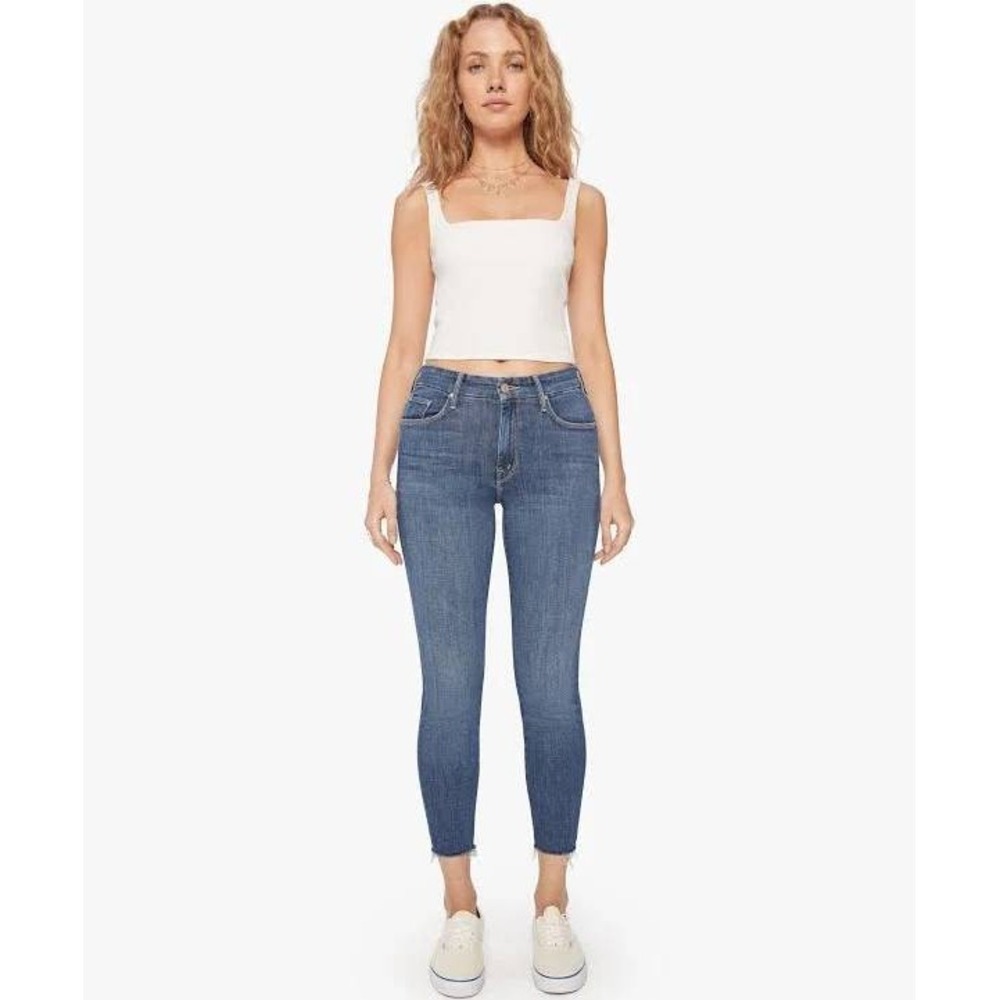 MOTHER The Looker Ankle Fray Skinny Jeans Girl Crush Blue Raw Hem 27